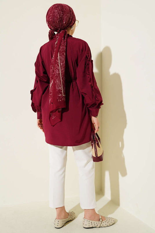 Long Sleeve Shirt with Ruffles and Rope Belt Burgundy
