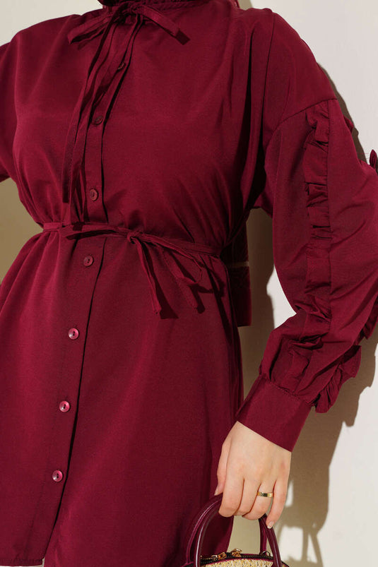 Long Sleeve Shirt with Ruffles and Rope Belt Burgundy