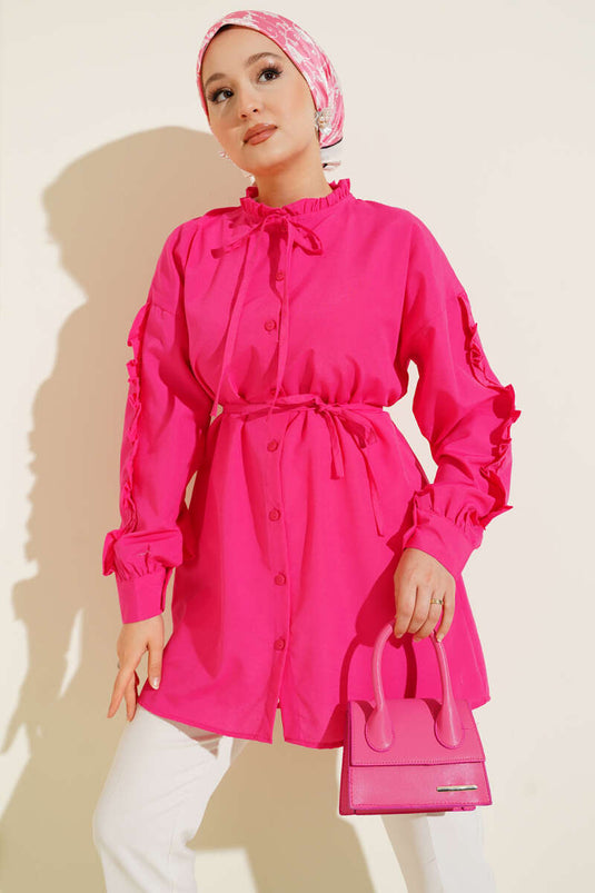 Ruffle Sleeve Rope Belted Shirt Fuchsia