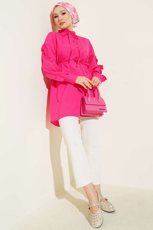 Ruffle Sleeve Rope Belted Shirt Fuchsia