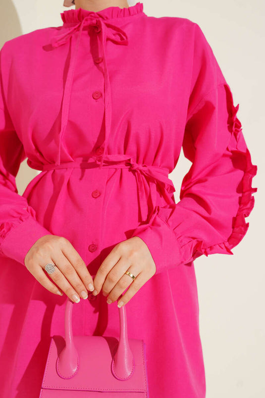 Ruffle Sleeve Rope Belted Shirt Fuchsia