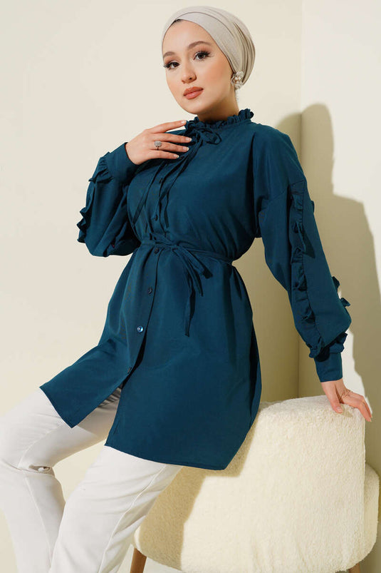 قميص بترولي بأكمام مكشكشة وحزام حبلي