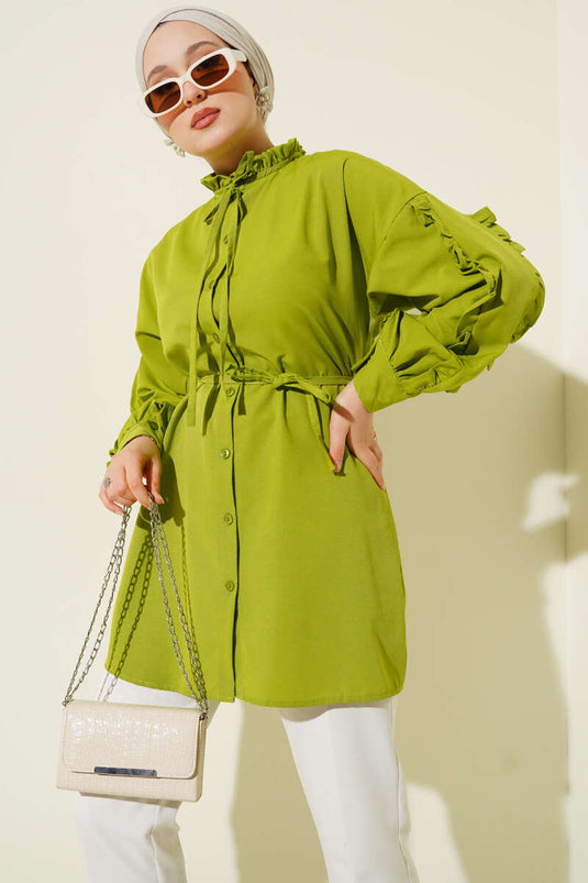 Kol Fırfırlı İp Kuşaklı Gömlek Yeşil