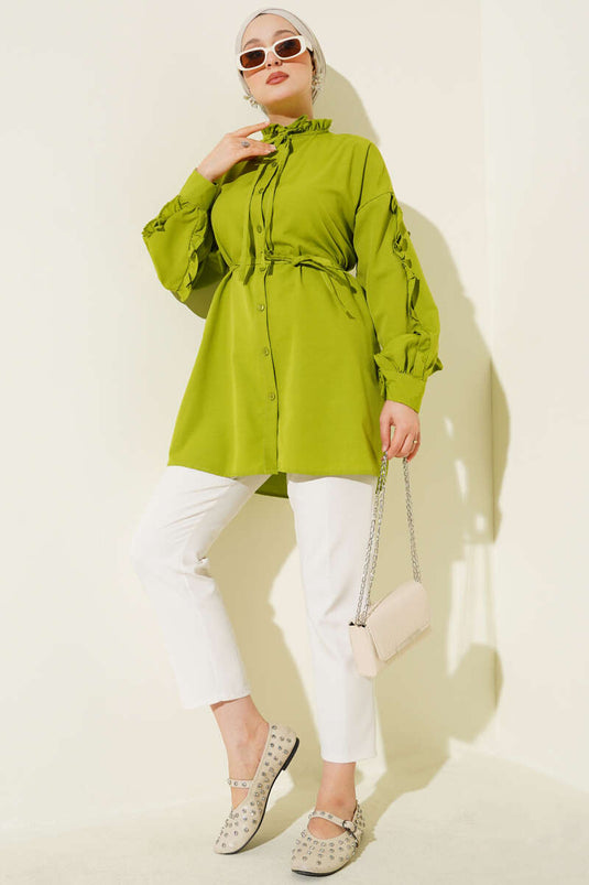 Kol Fırfırlı İp Kuşaklı Gömlek Yeşil