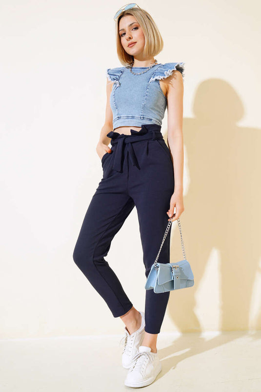 Jeansbluse mit Rüschenärmeln, blau