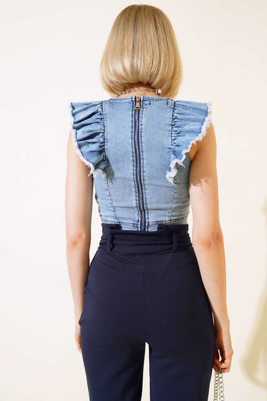 Jeansbluse mit Rüschenärmeln, blau