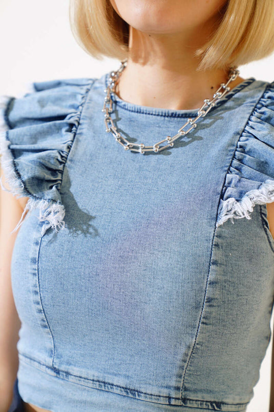 Jeansbluse mit Rüschenärmeln, blau