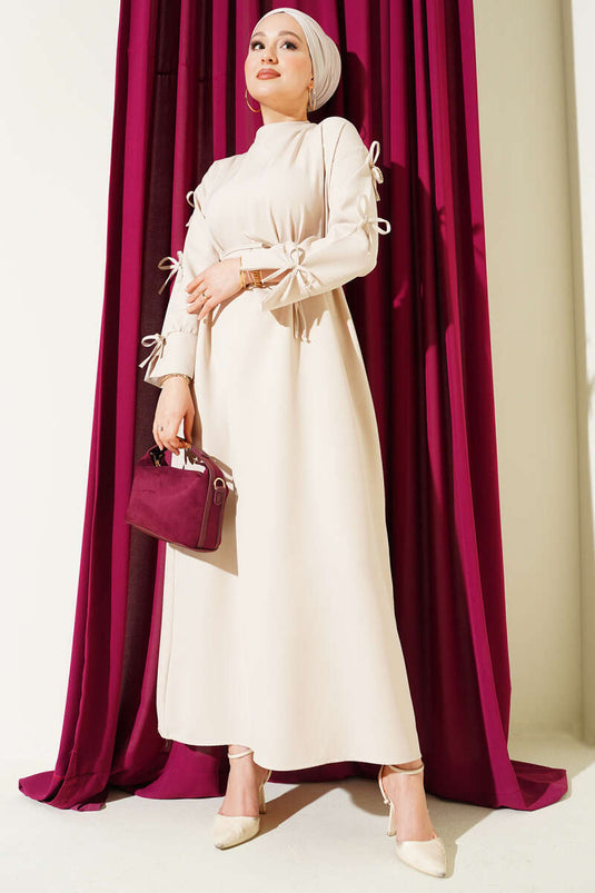 فستان مزدوج بحزام حبل مع عقدة كاملة باللون البيج