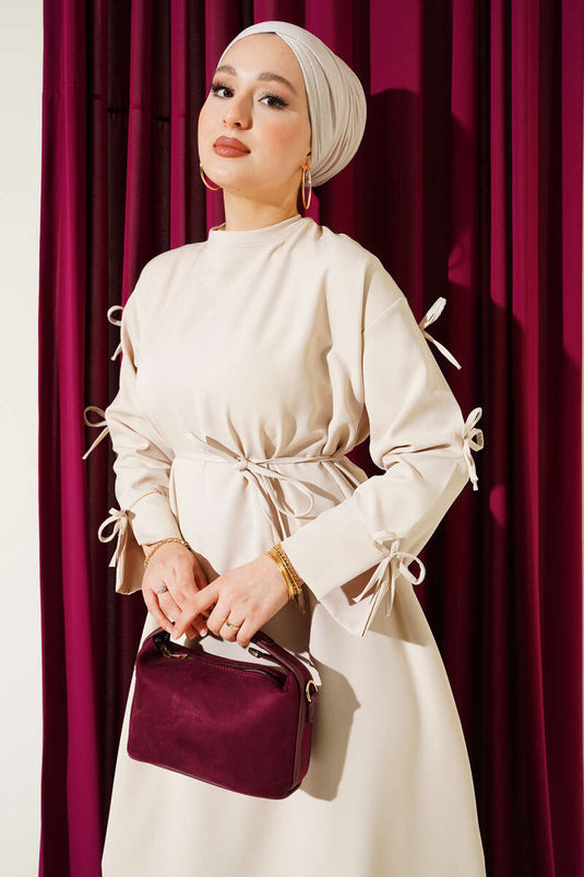 فستان مزدوج بحزام حبل مع عقدة كاملة باللون البيج