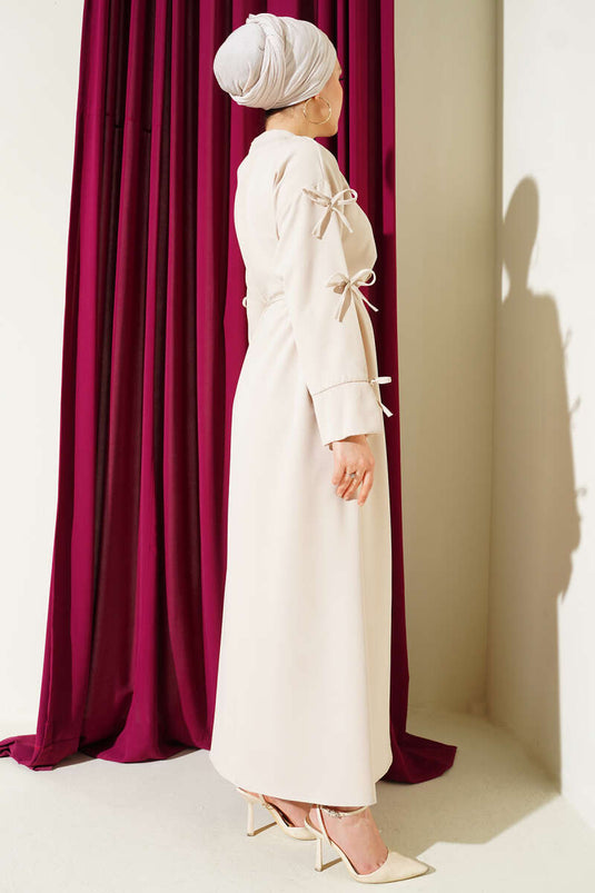 فستان مزدوج بحزام حبل مع عقدة كاملة باللون البيج