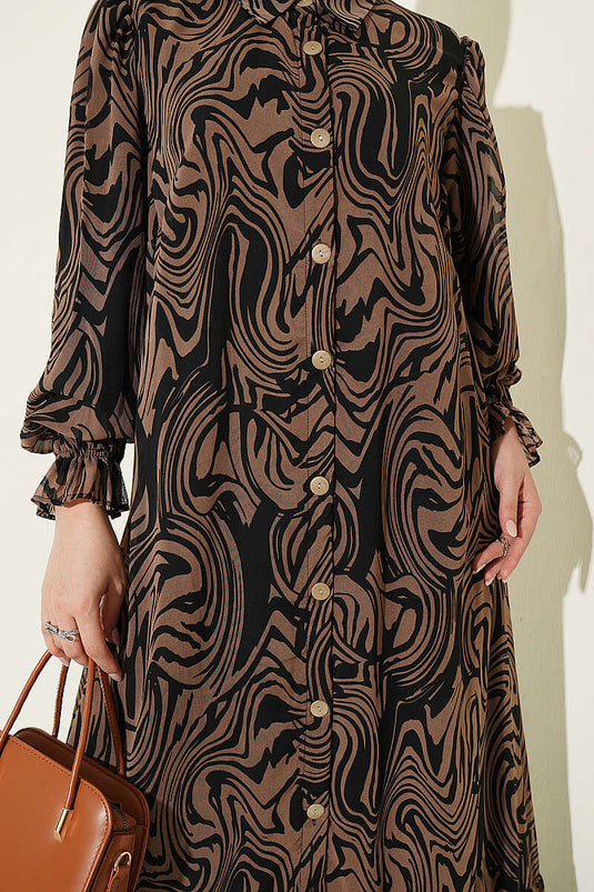 Gemustertes Chiffon-Kleid Mit Rüschen In Kaffee