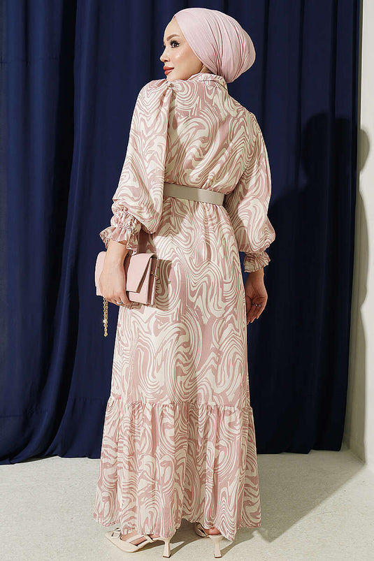 Rosa Chiffon-Kleid Mit Muster Und Rüschen