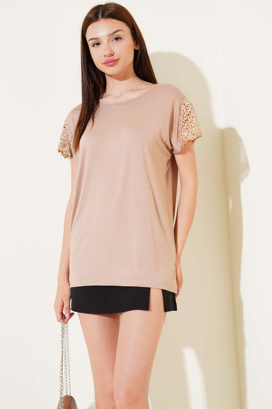 Kol Güpürlü T-shirt Latte