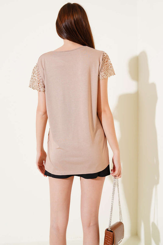 Kol Güpürlü T-shirt Latte