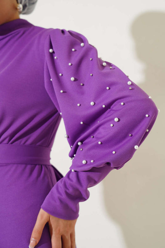 Belted Dress with Pearl Sleeves, Lilac