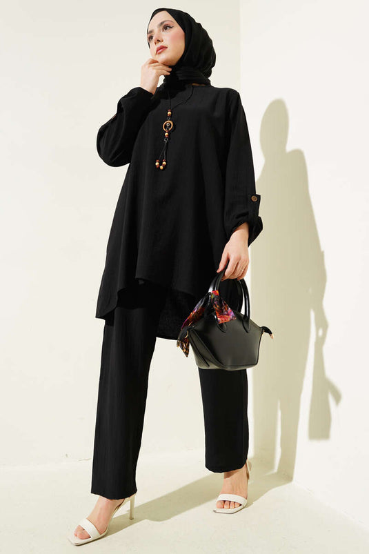 Sleeve Fold Detailed Tunic Two Piece Set Black