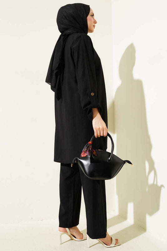 Sleeve Fold Detailed Tunic Two Piece Set Black