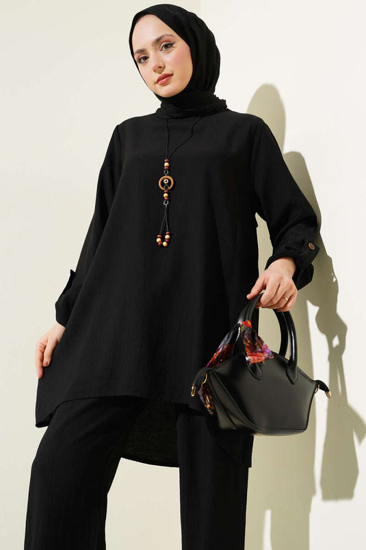 Sleeve Fold Detailed Tunic Two Piece Set Black