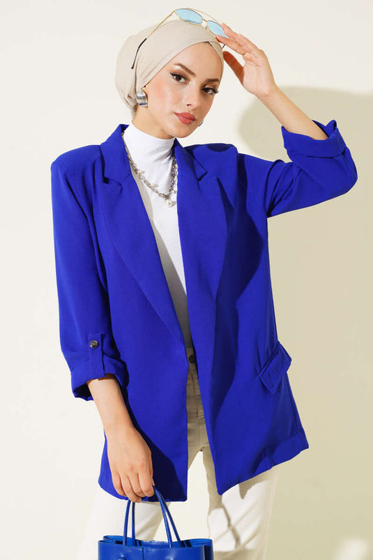 Folded Collar Pocket Detailed Jacket in Royal Blue