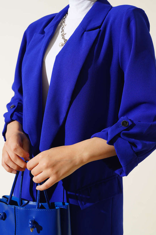 Folded Collar Pocket Detailed Jacket in Royal Blue