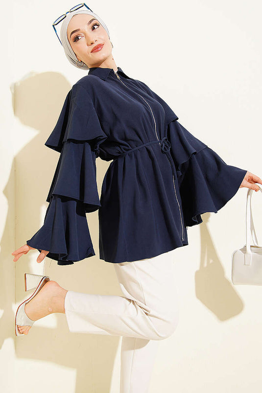 Veste en Tencel à manches multiples avec fermeture éclair, bleu marine