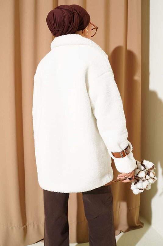 Plush Coat with Arm Belt and Pockets, Brown