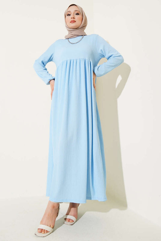 Elasticated Sleeve Crepe Dress Ice Blue