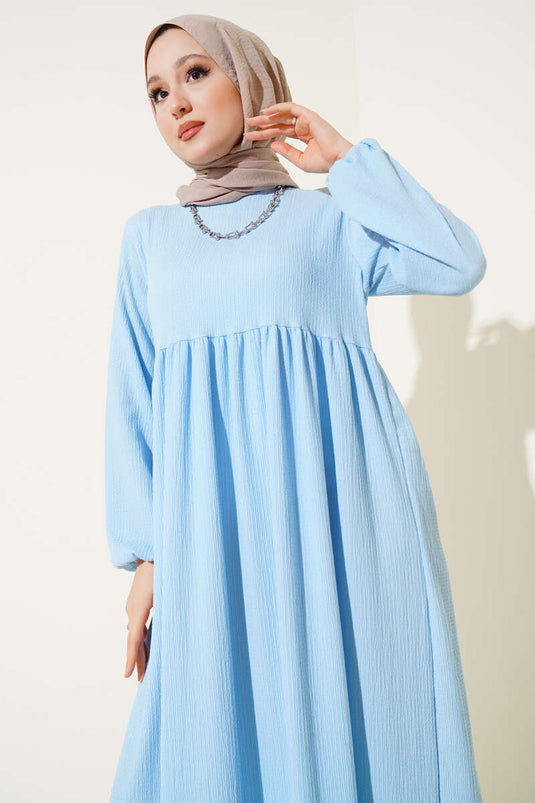 Elasticated Sleeve Crepe Dress Ice Blue