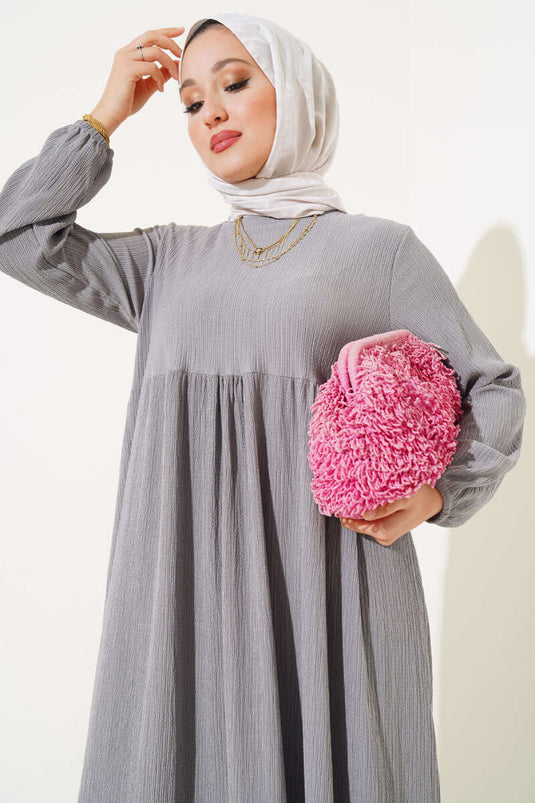 Elasticated Sleeve Crepe Dress Gray