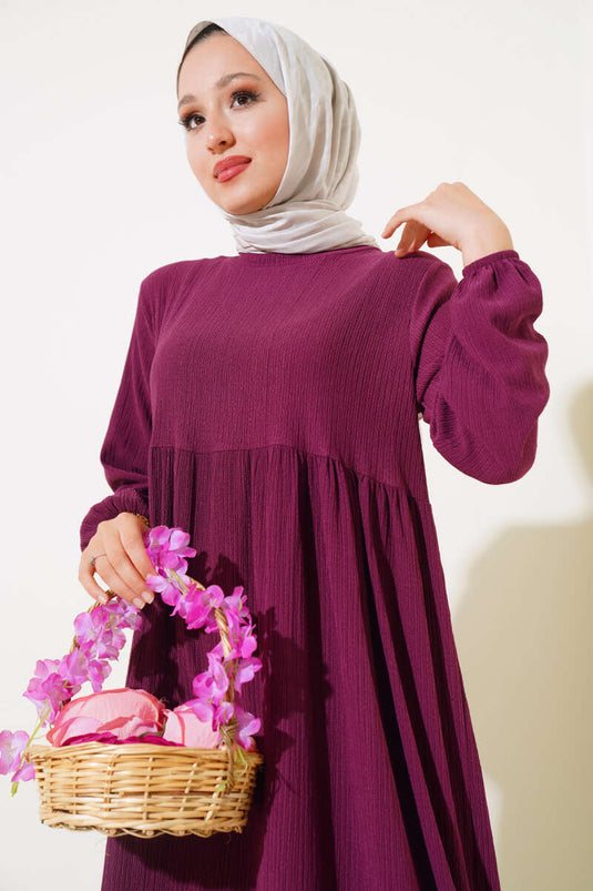 Kol Lastikli Bürümcük Elbise Mürdüm