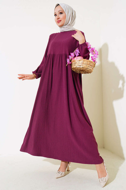 Kol Lastikli Bürümcük Elbise Mürdüm