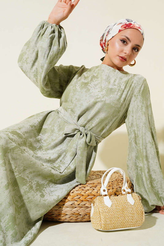 Elastic Sleeve Patterned Dress in Almond Green