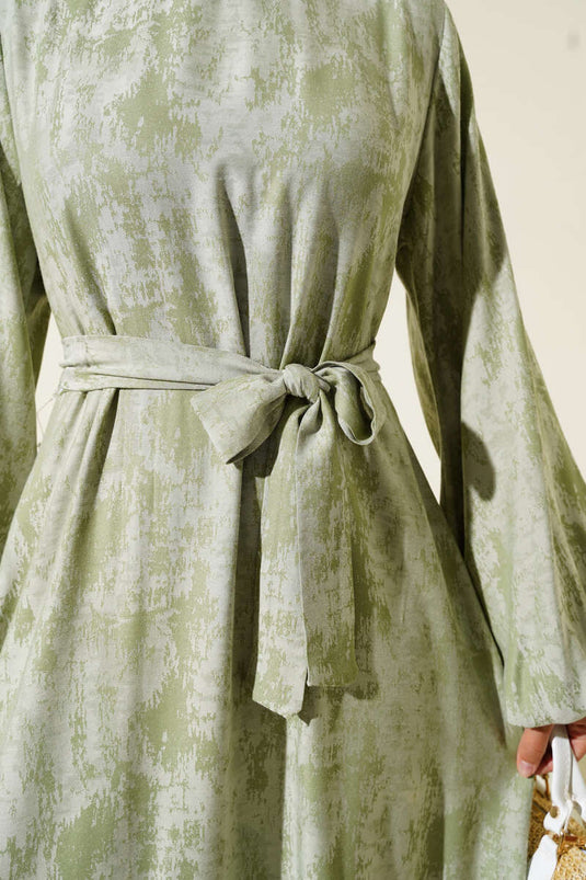 Elastic Sleeve Patterned Dress in Almond Green