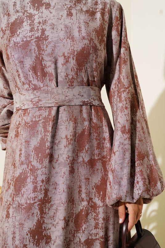 Patterned Dress with Elastic Sleeves, Brown