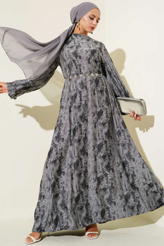 Elastic Sleeve Patterned Dress Black