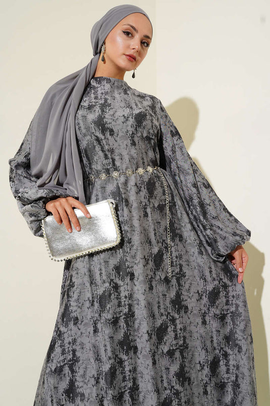 Elastic Sleeve Patterned Dress Black