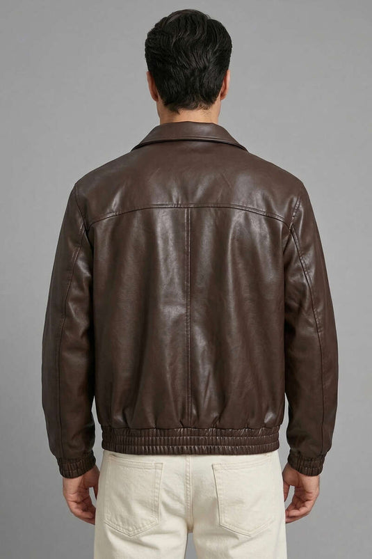 Veste en cuir pour homme à manches élastiques, couleur café
