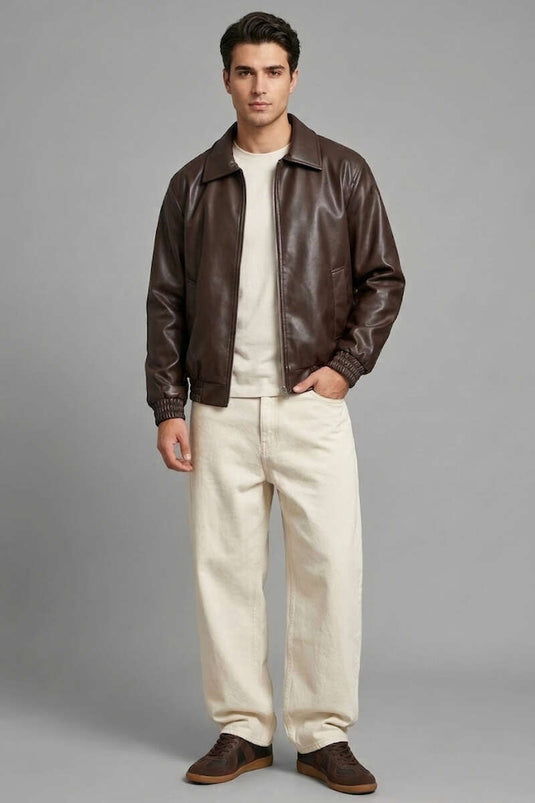 Veste en cuir pour homme à manches élastiques, couleur café