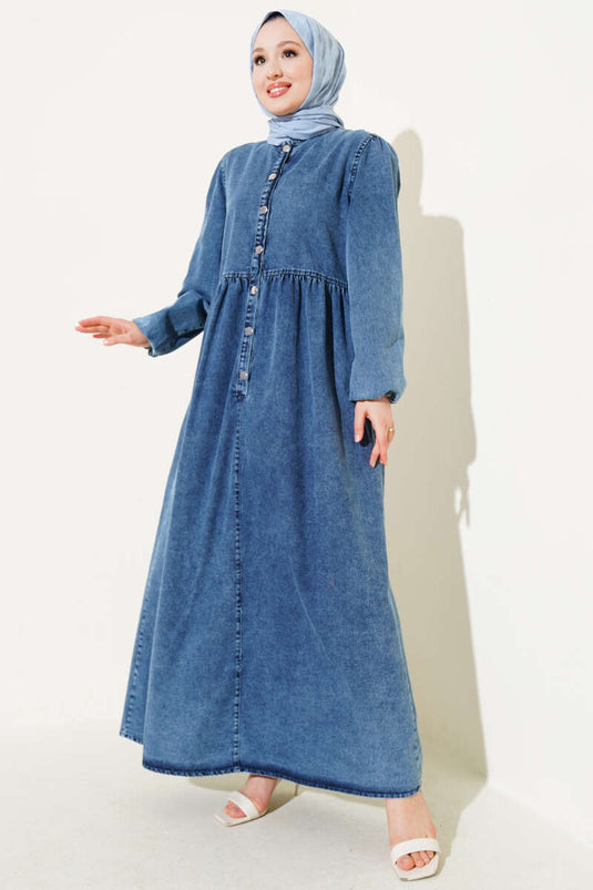 Denim Dress with Elastic Waist and Metal Buttons