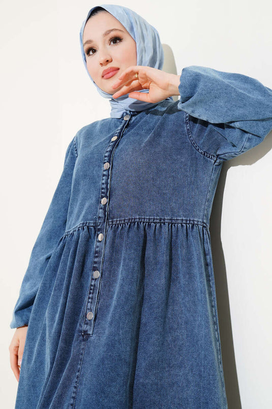 Denim Dress with Elastic Waist and Metal Buttons
