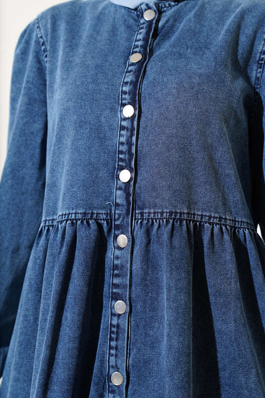 Denim Dress with Elastic Waist and Metal Buttons