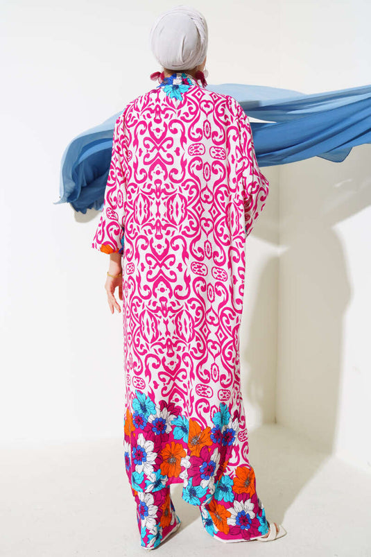 Ensemble Kimono Ample Fuchsia avec Élastique à Manches