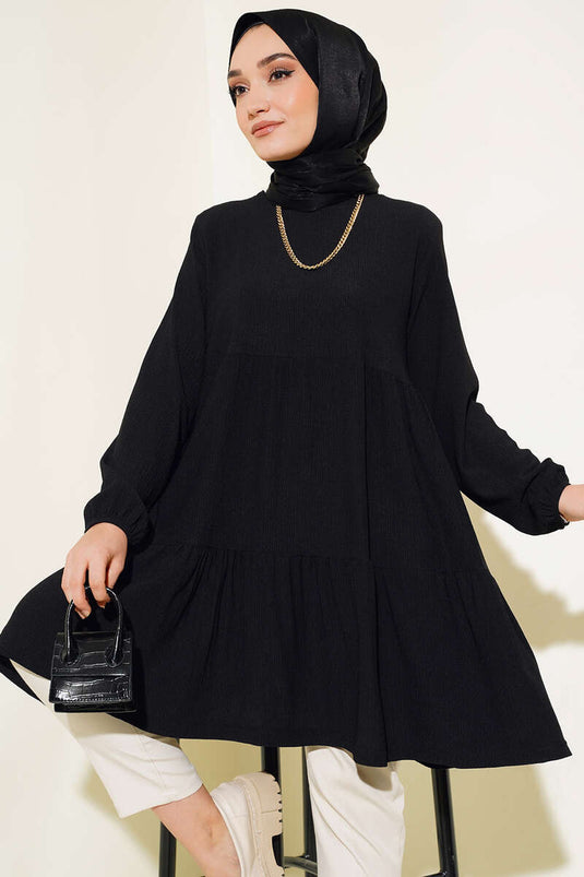 Collared Elastic Tunic Black
