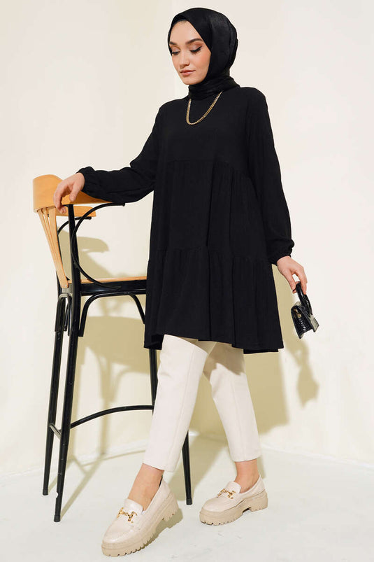 Collared Elastic Tunic Black