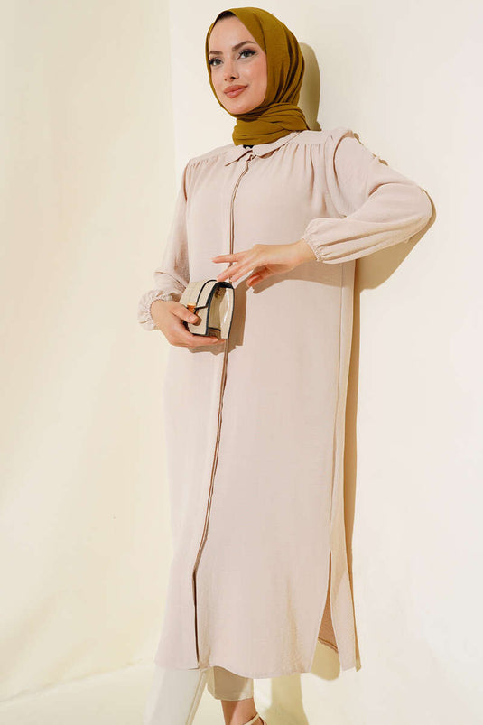 تونيك طويل بأكمام مطاطية لون بيج