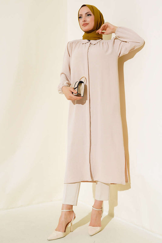 تونيك طويل بأكمام مطاطية لون بيج