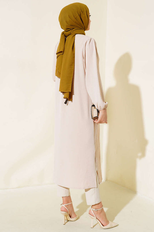تونيك طويل بأكمام مطاطية لون بيج
