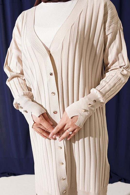 Beige Knopfleiste Rippstrick Merinoweste Mit Bündchen