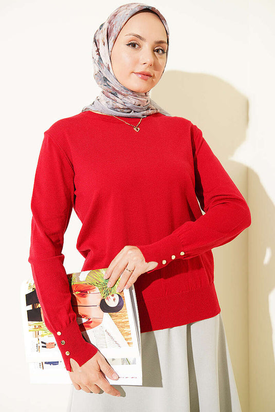 Pull En Maille Bordeaux À Boutons Et Poignets