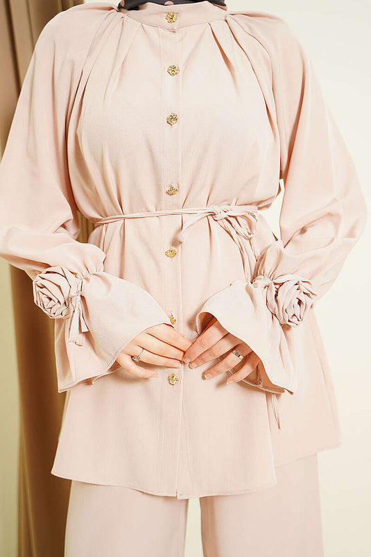 Set of Two with Rose Detail and Sleeve Cuffs, Beige